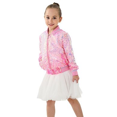 Girls’ Pink Ombre Sequin Bomber Jacket with Ribbed Trim