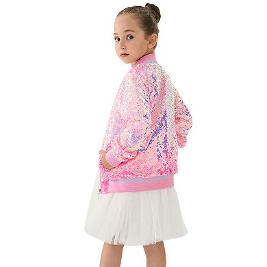 Girls’ Pink Ombre Sequin Bomber Jacket with Ribbed Trim