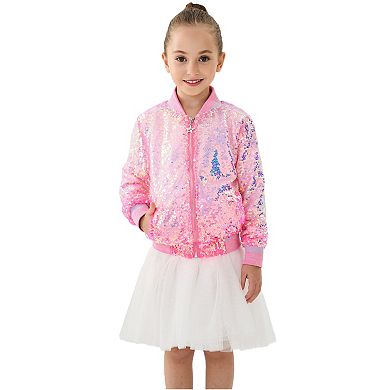 Girls’ Pink Ombre Sequin Bomber Jacket with Ribbed Trim