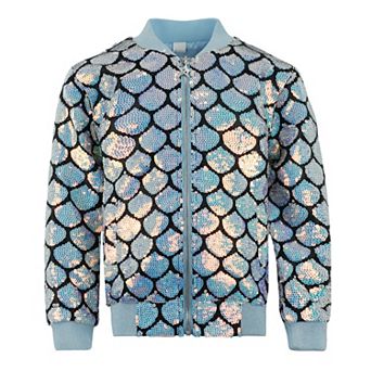 Girls’ Mermaid Seashell Sequin Bomber Jacket with Glitter Trim
