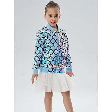 Girls’ Mermaid Seashell Sequin Bomber Jacket with Glitter Trim