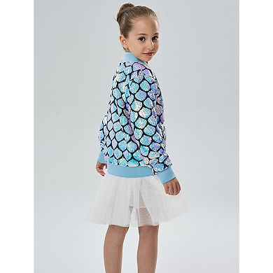 Girls’ Mermaid Seashell Sequin Bomber Jacket with Glitter Trim