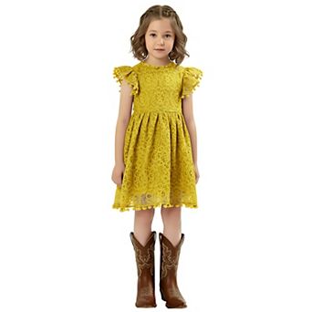 2Bunnies Girls’ Vintage Lace Pom Pom Trim Flutter Sleeve Party Dress