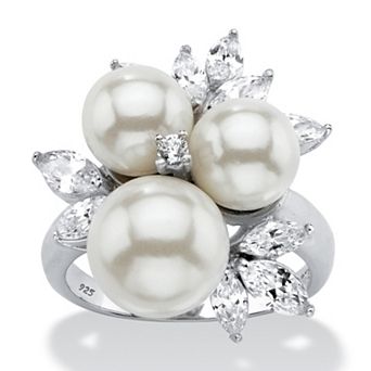 PalmBeach Jewelry 1.84 TCW Simulated Pearl and CZ Platinum-plated Sterling Silver Cocktail Ring