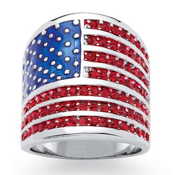 PalmBeach Jewelry 2.08 ct w. Simulated Red Ruby Silvertone Patriotic American Flag Wide Band Ring