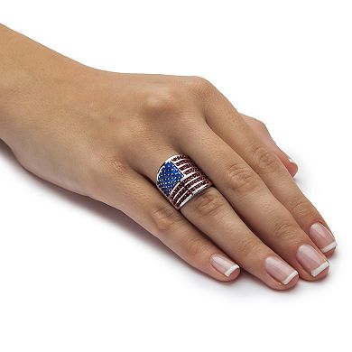 PalmBeach Jewelry 2.08 Cttw. Simulated Red Ruby Silvertone Patriotic American Flag Wide Band Ring