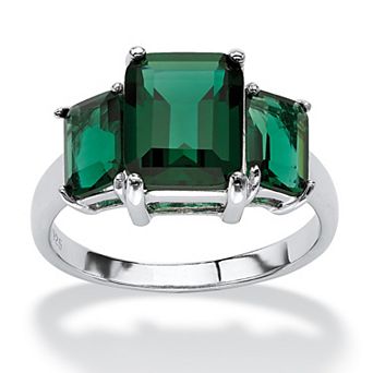 PalmBeach Jewelry Emerald-Cut Simulated Green Emerald .925 Sterling Silver 3-Stone Ring