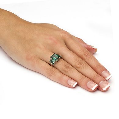 PalmBeach Jewelry Emerald-Cut Simulated Green Emerald .925 Sterling Silver 3-Stone Ring
