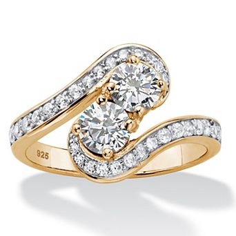 PalmBeach Jewelry 1.39 TCW Gold-Plated Sterling Silver Cubic Zirconia 2-Stone Bypass Ring