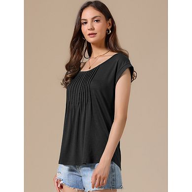 Tunic Tops for Women's Short Sleeve Pleated Front Dressy Round Neck Summer Casual Blouses