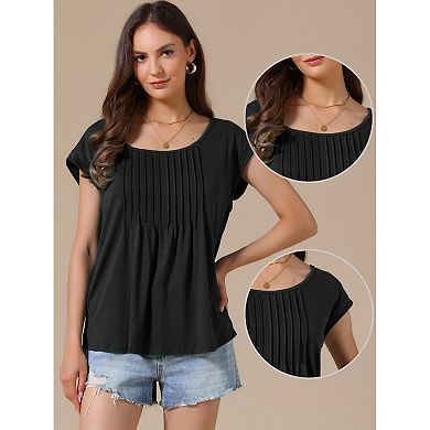 Tunic Tops for Women's Short Sleeve Pleated Front Dressy Round Neck Summer Casual Blouses