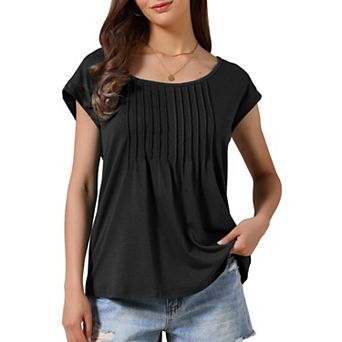 Tunic Tops for Women's Short Sleeve Pleated Front Dressy Round Neck Summer Casual Blouses