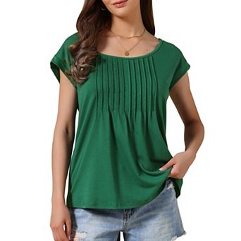 Tunic Tops for Women's Short Sleeve Pleated Front Dressy Round Neck Summer Casual Blouses