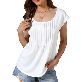 Tunic Tops for Women's Short Sleeve Pleated Front Dressy Round Neck Summer Casual Blouses