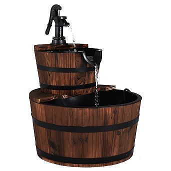 2 tier Outdoor Wooden Barrel Waterfall Fountain with Pump