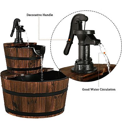 2-Tiers Outdoor Wooden Barrel Waterfall Fountain with Pump