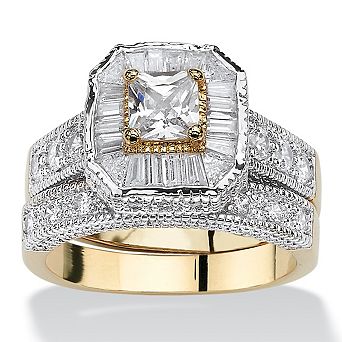 PalmBeach Jewelry 2.35 TCW CZ Two-Tone Vintage-Style Gold-Plated 2 pc Bridal Ring Set
