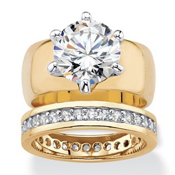 PalmBeach Jewelry 4.80 ct w. CZ Gold-Plated 2 pc Solitaire and Eternity Wedding Ring Set