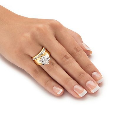 PalmBeach Jewelry 4.80 Cttw. CZ Gold-Plated 2-Piece Solitaire and Eternity Wedding Ring Set