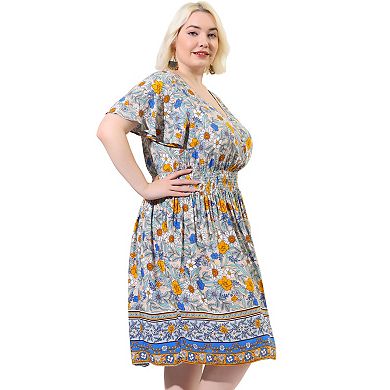 Women's Plus Size Placed Pattern V Neck Smock Waist Midi Dresses