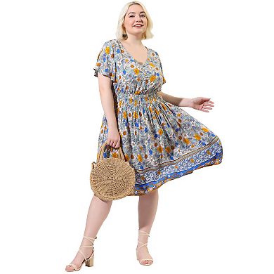 Women's Plus Size Placed Pattern V Neck Smock Waist Midi Dresses