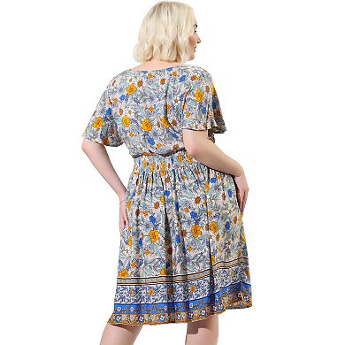 Women's Plus Size Placed Pattern V Neck Smock Waist Midi Dresses