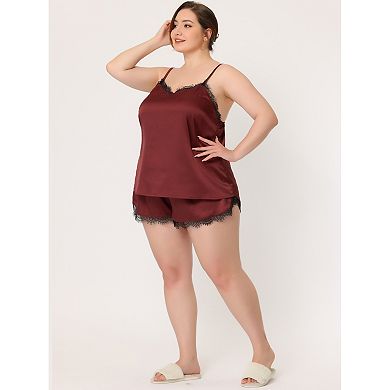 Women's Plus Size Pajama Set Lace Panel Cami Elastic Waist Sleep Wear