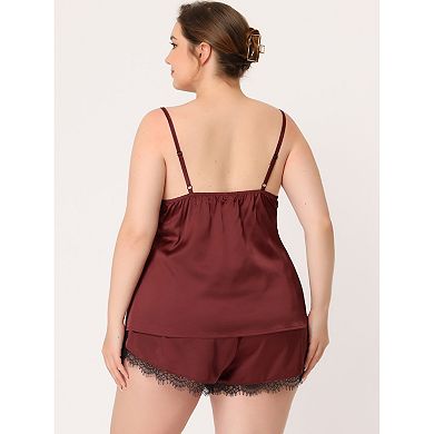 Women's Plus Size Pajama Set Lace Panel Cami Elastic Waist Sleep Wear