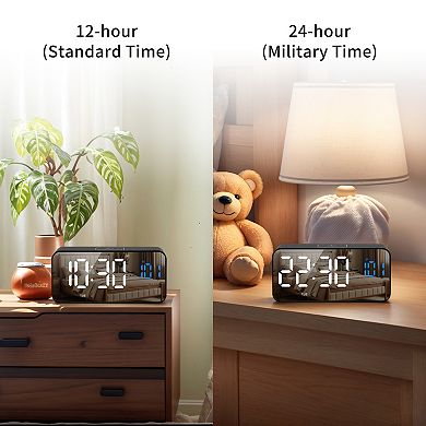 Alarm Clock with Music, Adjustable Volume, Three Alarms, USB Charging Ports, 5.5"x1.3"x2.7"