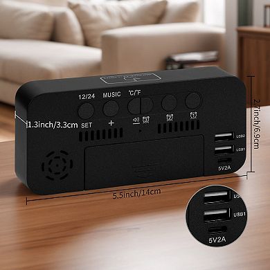 Alarm Clock with Music, Adjustable Volume, Three Alarms, USB Charging Ports, 5.5"x1.3"x2.7"