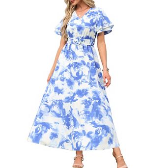 Summer Floral Maxi Dresses for Women's Short Sleeve Belted Flowy Beach Vacation Long Dress