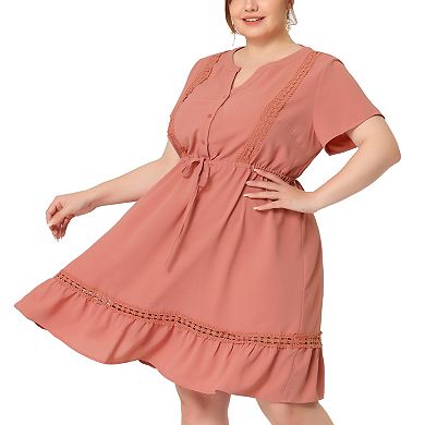 Women's Plus Size V Neck Lace Insert Tie Waist Ruffle Hem Dress