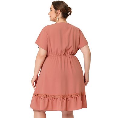 Women's Plus Size V Neck Lace Insert Tie Waist Ruffle Hem Dress