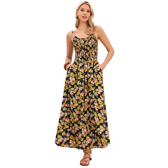 Smocked Floral Maxi Dress for Women's Boho Spaghetti Strap Long Sun Dresses