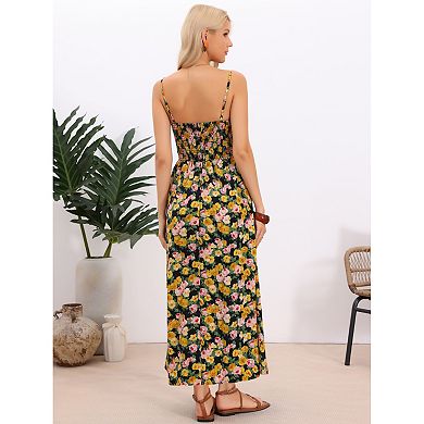 Smocked Floral Maxi Dress for Women's Boho Spaghetti Strap Long Sun Dresses