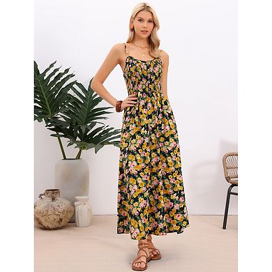 Smocked Floral Maxi Dress for Women's Boho Spaghetti Strap Long Sun Dresses