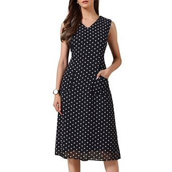 Summer Polka Dot Dress for Women Casual Sleeveless V Neck Tie Waist Chiffon Midi Dress with Pockets