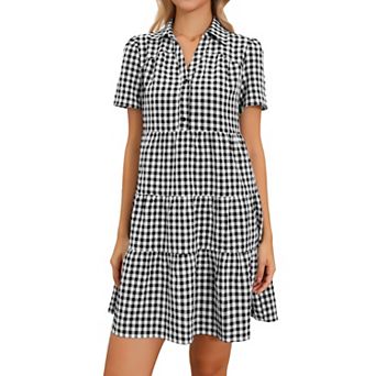 Gingham Dress Women Vintage Plaid V Neck Short Sleeve Button Front Swing Tiered Short Dresses