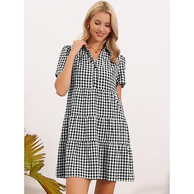 Gingham Dress Women Vintage Plaid V Neck Short Sleeve Button Front Swing Tiered Short Dresses