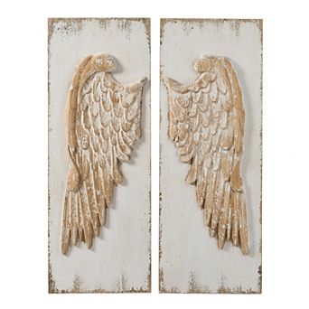 Set of 2 Feather Wing Wall Panels, Distressed White Finish, 42x15.5"