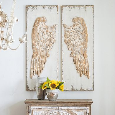 Set of 2 Feather Wing Wall Panels, Distressed White Finish, 42x15.5"
