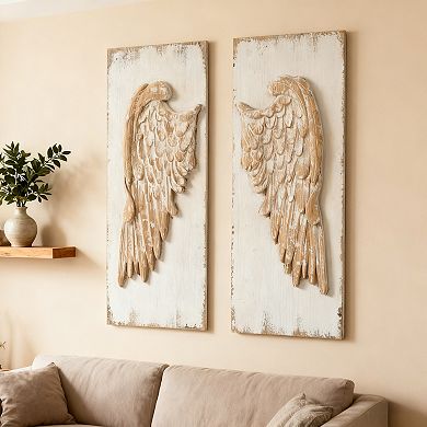Set of 2 Feather Wing Wall Panels, Distressed White Finish, 42x15.5"