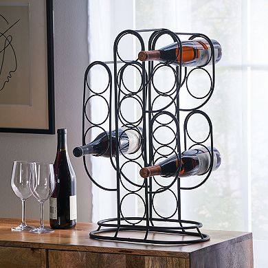 Modern Industrial Tabletop Wine Rack with Cactus Design in Black Metal for 13 Bottles