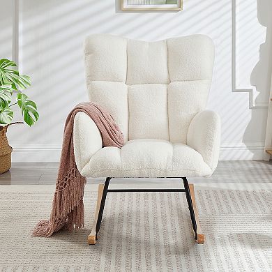 Tufted Teddy Fabric Glider Chair for Living Room, Ivory White Rocking Chair