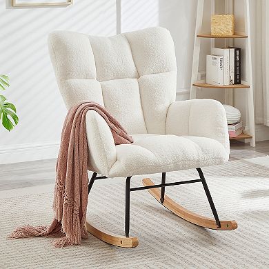 Tufted Teddy Fabric Glider Chair for Living Room, Ivory White Rocking Chair