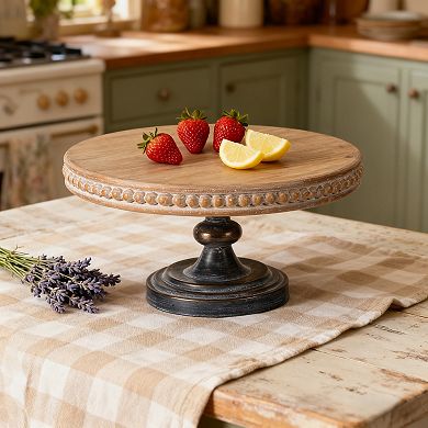 D14x7.5" Wooden Display Stand with Beaded Trim, Brown and Black