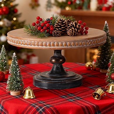 D14x7.5" Wooden Display Stand with Beaded Trim, Brown and Black