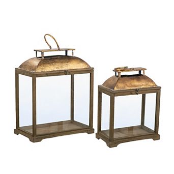 S/2 Brown Wooden Lanterns with Clear Glass Panels and Gold Metal Dome Accents