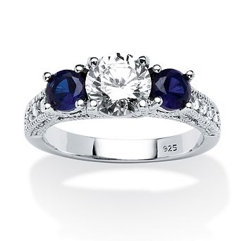 PalmBeach Jewelry 2.47 ct w. Cubic Zirconia and Simulated Sapphire Sterling Silver 3-Stone Ring