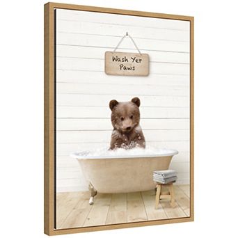 Sylvie Bear Cub in Modern Bathtub Wash Your Paws Framed Canvas by Amy Peterson
